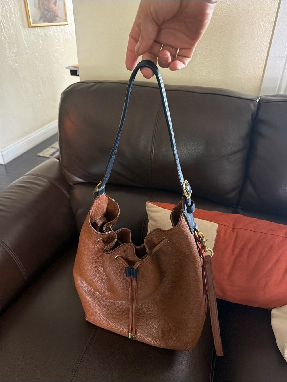 Coach Brown Pebbled Leather Drawstring Hobo with Black Strap